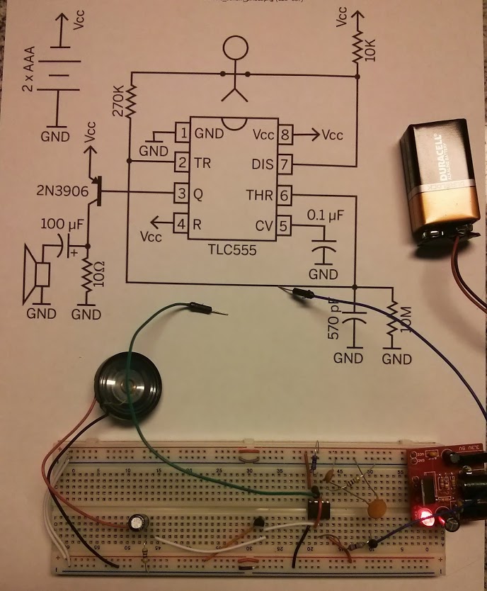 Gary's first attempt at the Drawdio included this build on solderless breadboard.